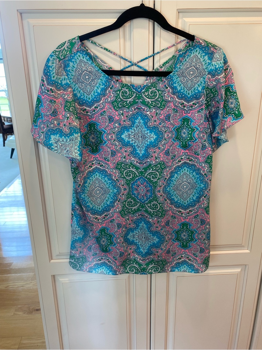 Talbots Paisley Crisscross Back Top in Green, Blue & Pink